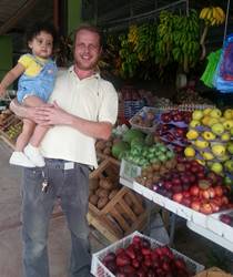 Author and daughter at market