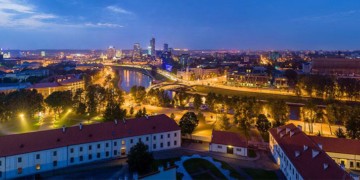aerial view of the Vilnius skyline lit up at night