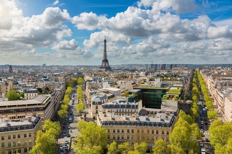 Skyline of Paris with Eiffel Tower.