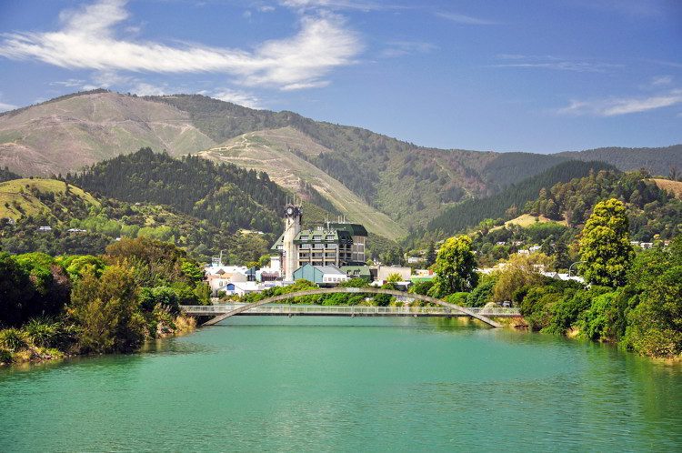 Civic Centre across Maitai River, South Island, New Zealand