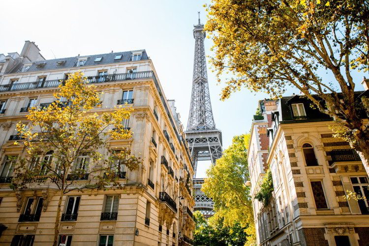 Beautiful street view with old residential buildings and Eiffel tower during the daylight in Paris