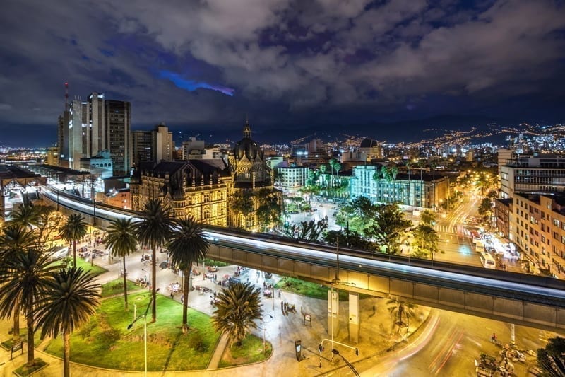 Plaza Botero square and downtown Medellin at dusk in Medellin, Colombia. humidity overseas