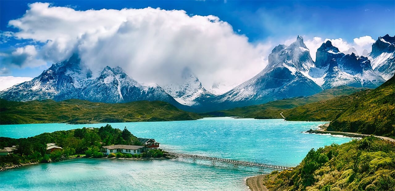 ice capped mountains nad river in Chile
