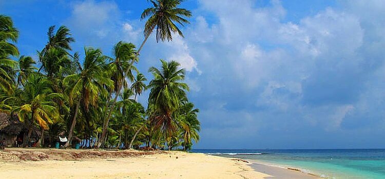 Panama The white sand beach, green palm trees, and blue skies of Panama