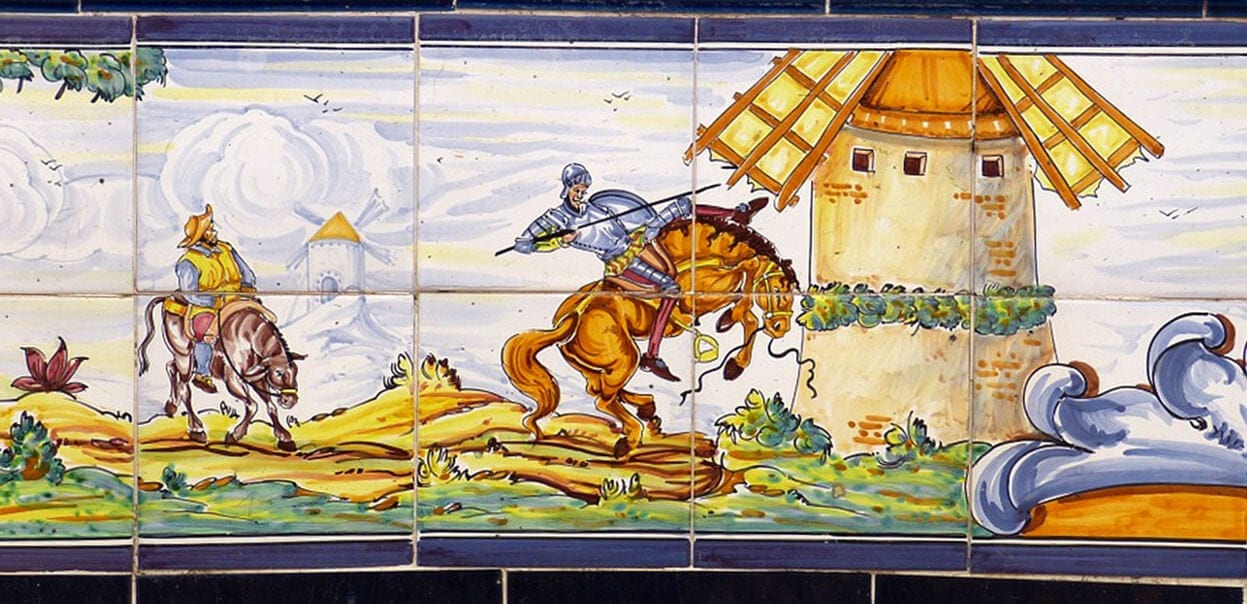 Close up of Spanish Tiles depicting Don Quixote and Sancho Panza