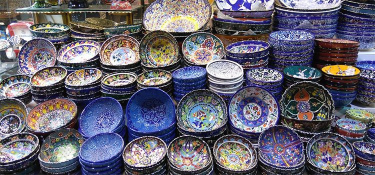 Colorful Bowls and Plates in Turkish Bazaar