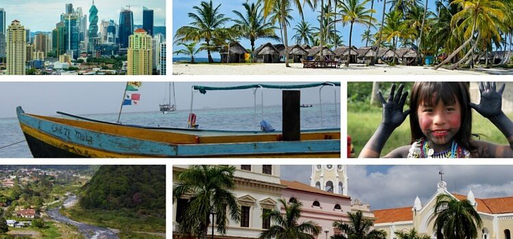 A collage of Panama images, including; beaches, Panama City, a Kuna Indian child, boat with Panama flag, and more.