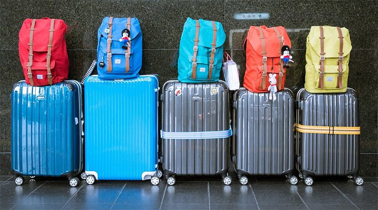 Colorful suitcase lined up against a wall