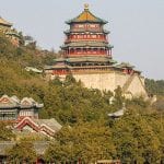 A hillside with two temples in China