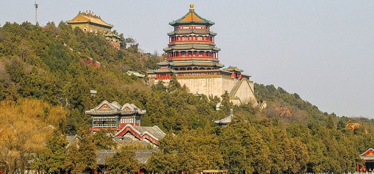 A hillside with two temples in China. china facts and figures