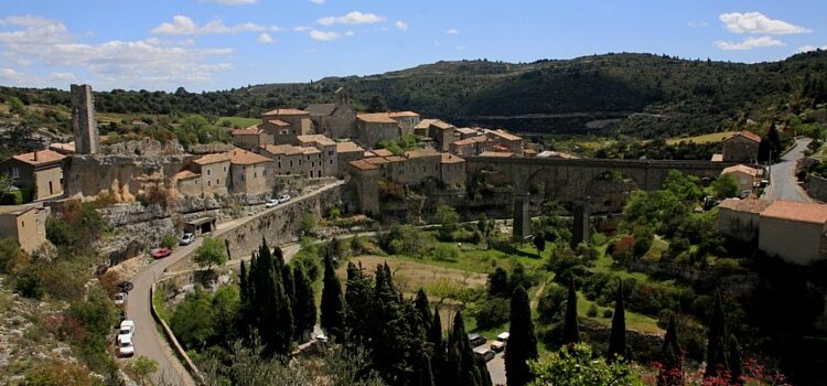 A view over the city of Minerve in Languedoc, France on a blue-sky day