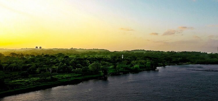 A view of life in Panama where the shore meets the lush green forest with the yellow and blue sky in the distance