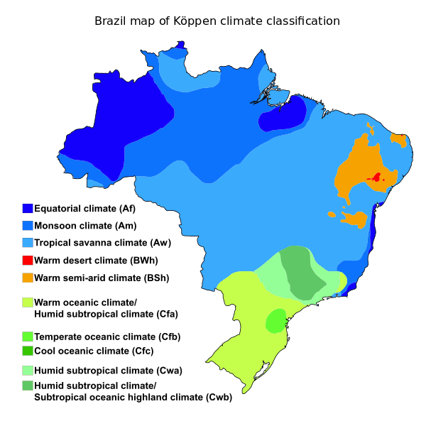 Map depicting the climate regions in Brazil. climate in brazil