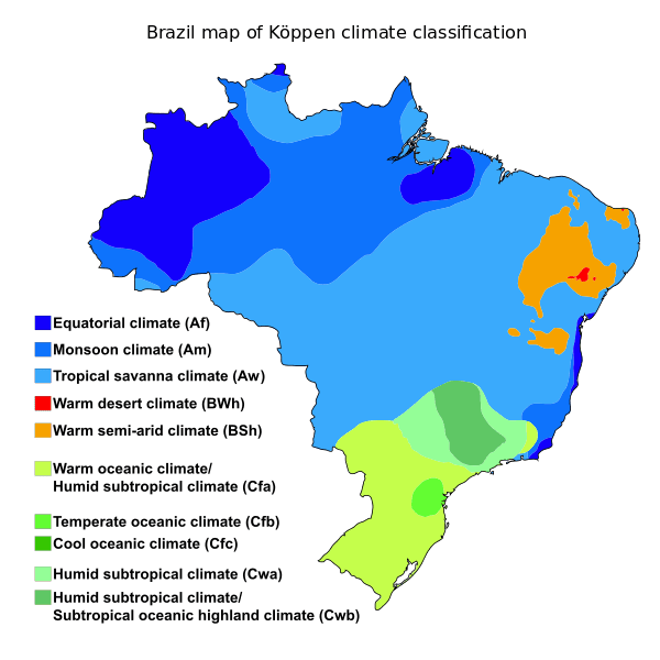 Map depicting the climate regions in Brazil.