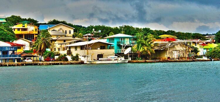 The brightly colored homes along the coast of Roatan, Honduras.