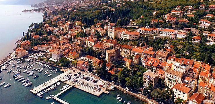 red roofed buildings on a hill by the water's edge with a marina