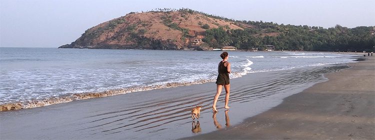 Woman and small dog jogging on beach at sunset
