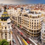 A busy street corner in Madrid as seen from above