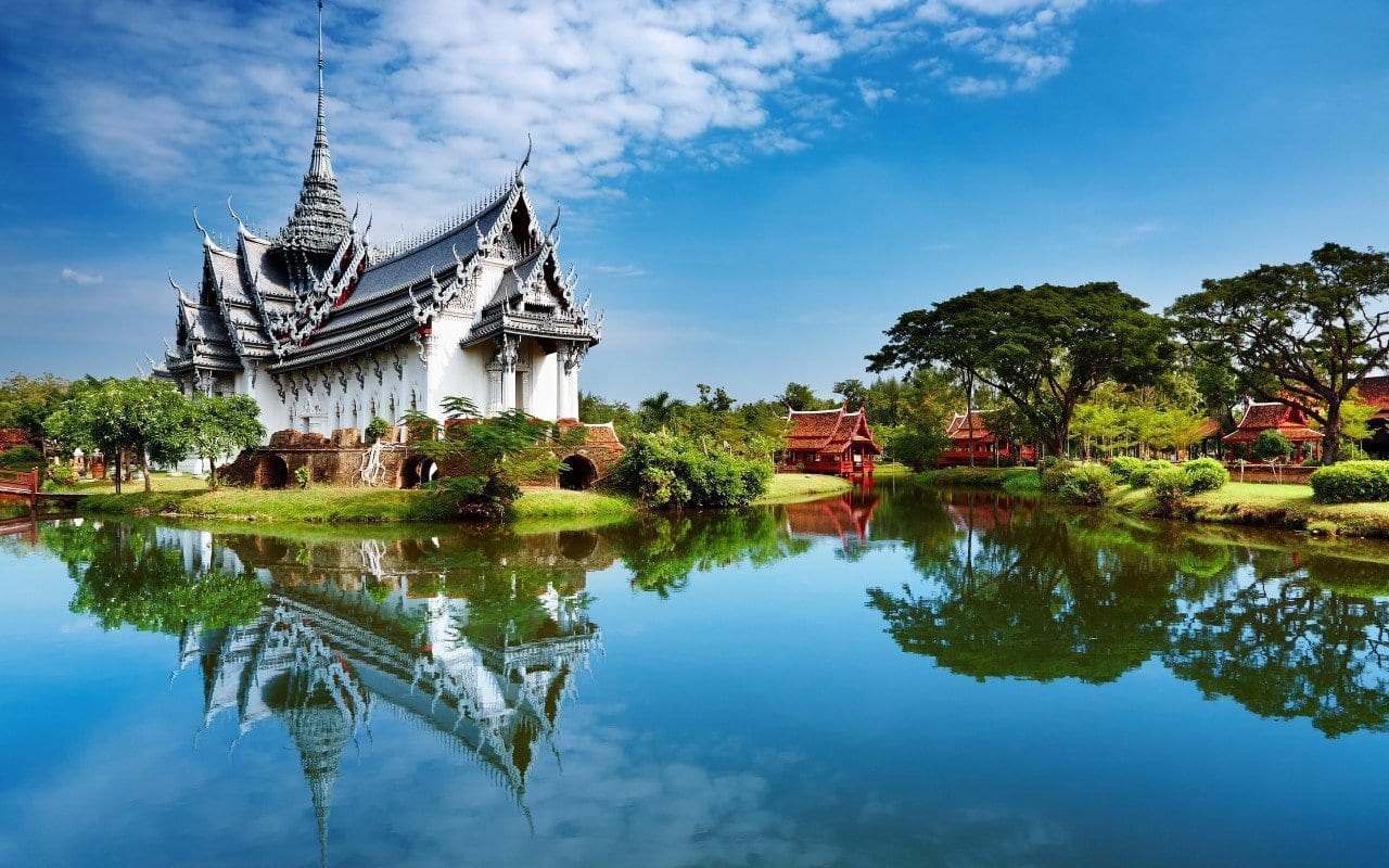 View of a lake and temple in Thailand