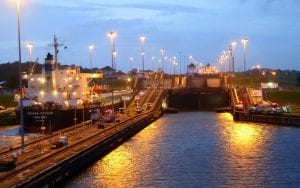 the Panama Canal Locks lit up at night