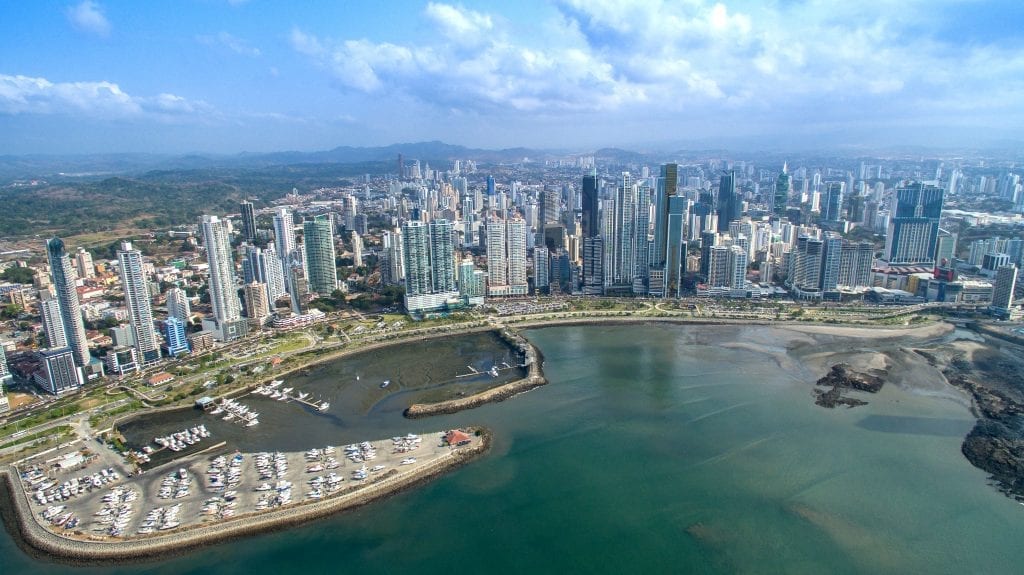 The Bay of Panama with tall skyscrapers and marina