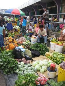 Fruits and vegetables for sale at an outdoor market