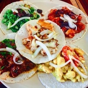 A plate with assroted soft tacos