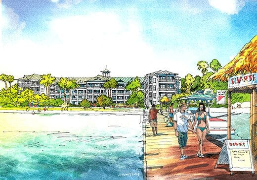 Architect's rendering of Grand Baymen Oceanside, as seen from the existing pier 