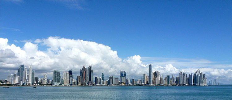 The Panama skyline with the Pacific Oceanin the foreground