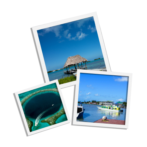 polaroids of the sink hole, a dock and a boat in Belize