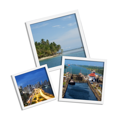 polaroids of a beach, the skyline and the canal of panama