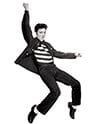 a black and white image of Elvis Presley doing his signature hip thrust move