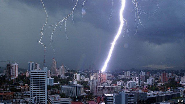 Bolts of lightening sparking down during a Panama thunderstorm.