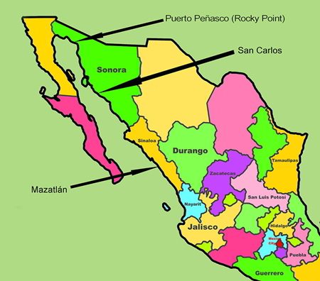 A colorful map of Mexico pointing to Mazatlan, San Carlos, and Puerto Peñasco.
