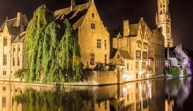 A view of Bruges, Belgium during the night time. Best places to honeymoon