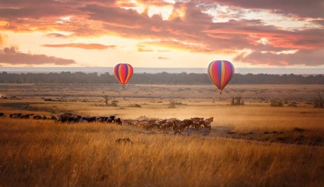 A hot air balloon on the Kenya plains