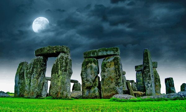Stonehenge, England underneath a full moon