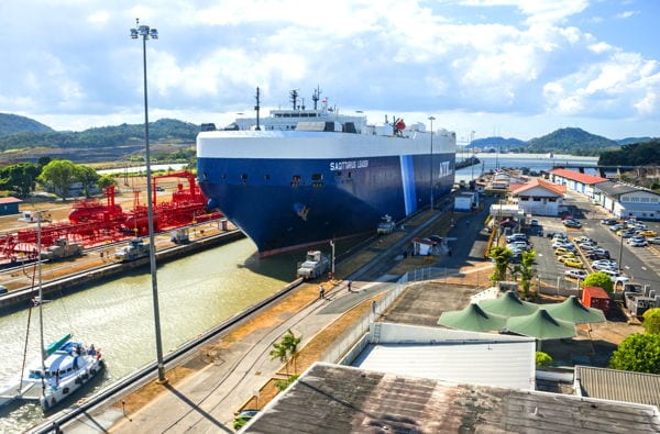 Ship passing through miraflores lock on the Panama Canal