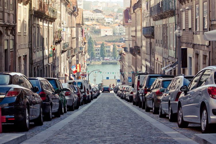 Perspective of old Porto street down to the river.