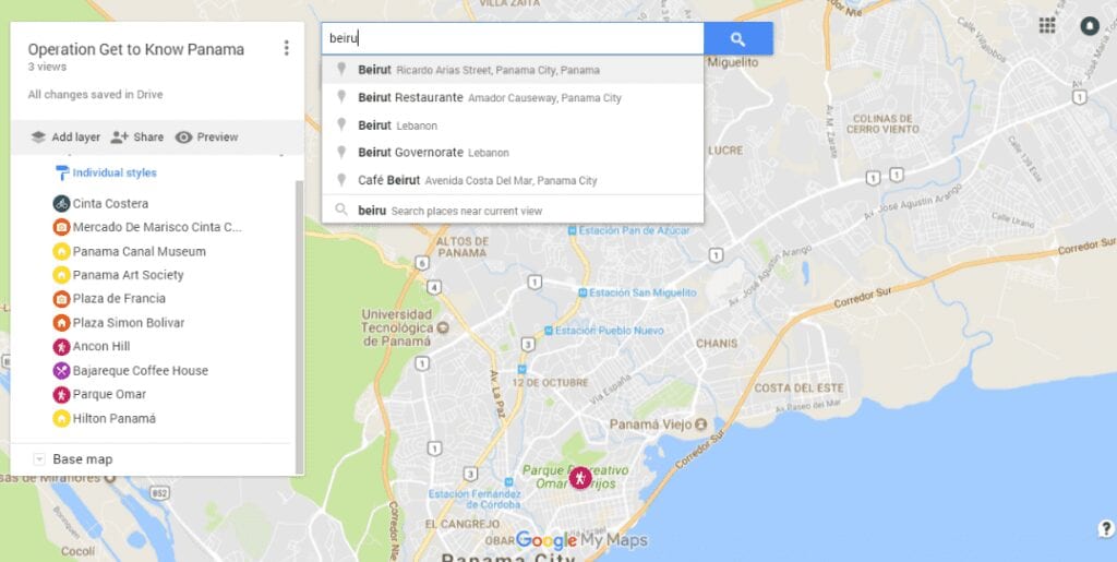screenshot from google mymaps showing close up of panama city, panama