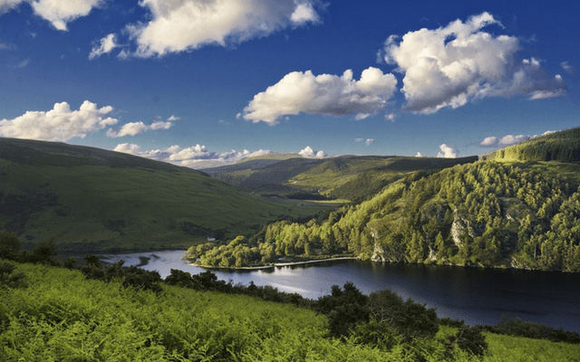 A lake in Ireland set amongst tree covered hills