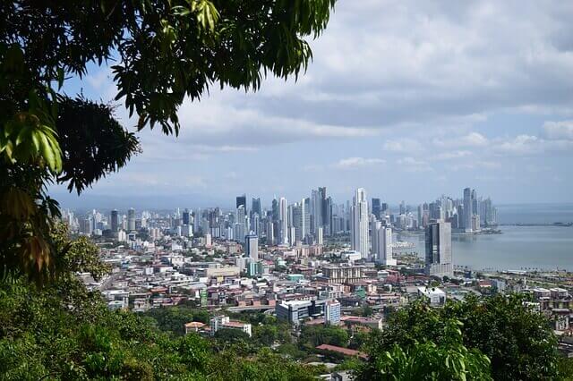Panama City, Panama shines beyond the thick foliage of trees giving an overview of the majestic city.