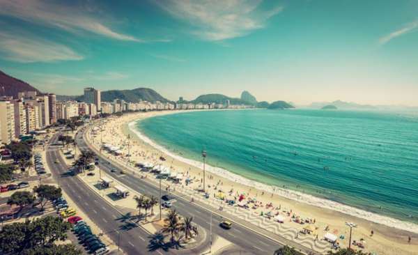 a view of copacabana beach in brazil, boulevard with the beach in front and the turqouise ocean