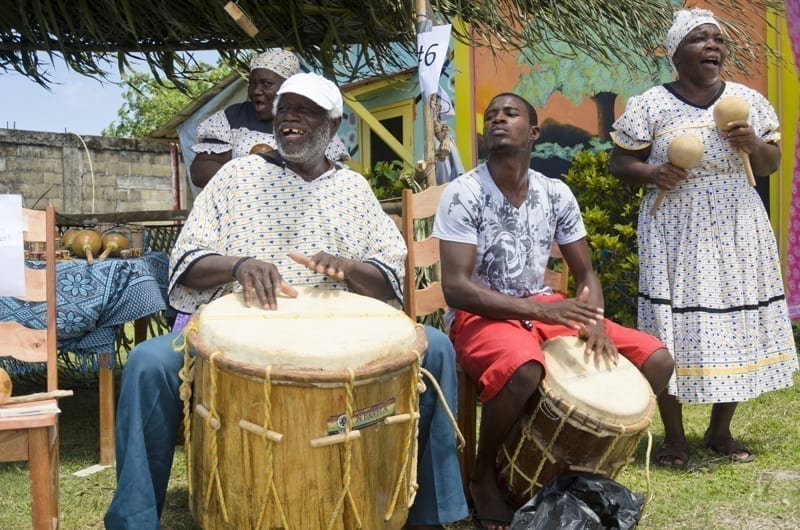 Garifuna people perform traditional Garifuna songs in Belize.