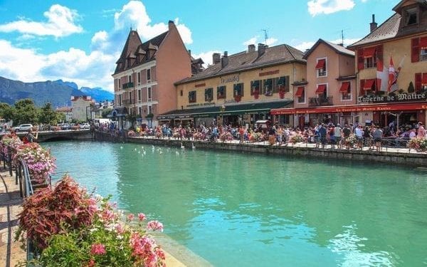 Annecy canalside in France, mountains in the back