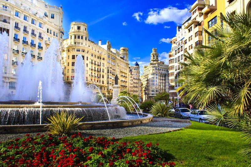 Valencia fountain and historic buildings