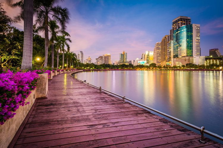 Modern skyscrapers, flowers, and palm trees along Lake Rajada at sunset, at Benjakiti Park, in Bangkok, Thailand.