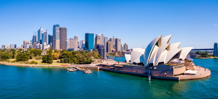 Beautiful aerial view of the Sydney Opera house by the bay in Australia