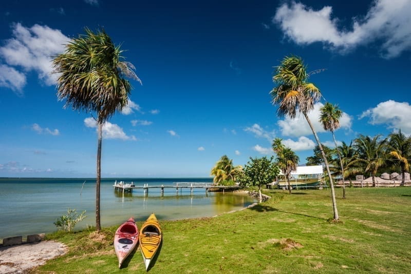 Kayaks at Corozal Bay seashore, Corozal District, Belize.