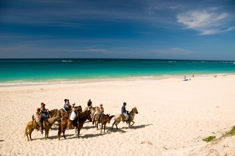 Caribbean Dominican Republic Horseback riding on the beach with ocean beyond